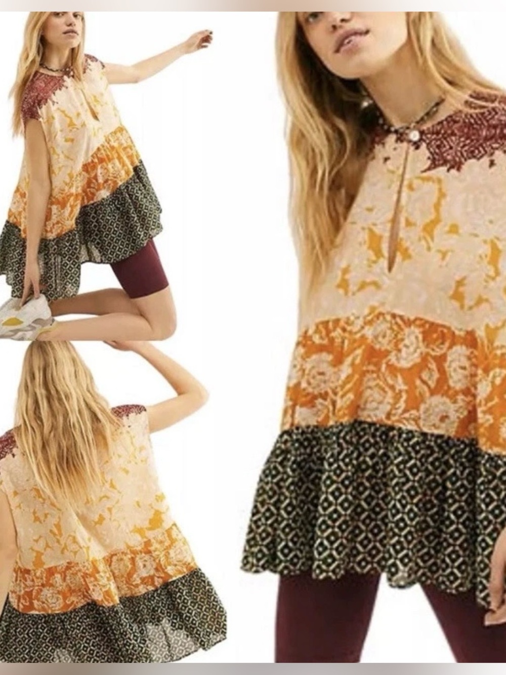 FREE PEOPLE Gotta Have You Tunic BOHO marigold tiered mixed print SMALL